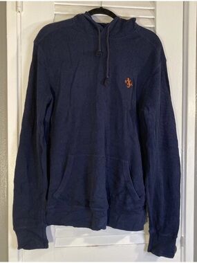 Ralph Lauren Navy Waffle-Knit Crewneck Hoodie with Orange Pony